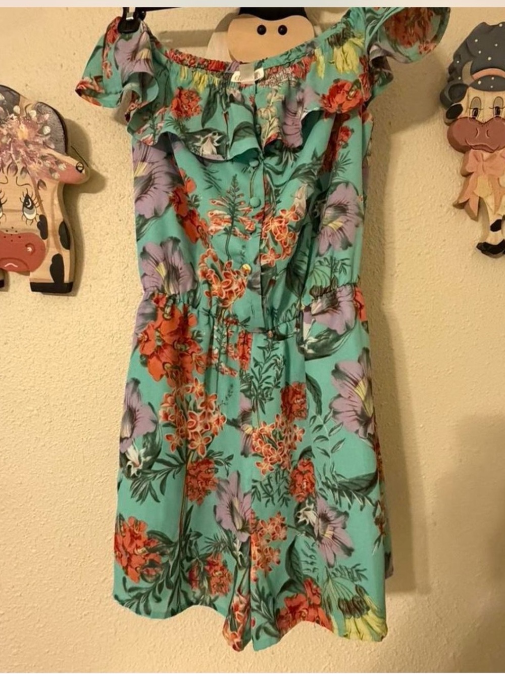 Decree Turquoise Floral Off-Shoulder Romper with Coral & Lavender Accents